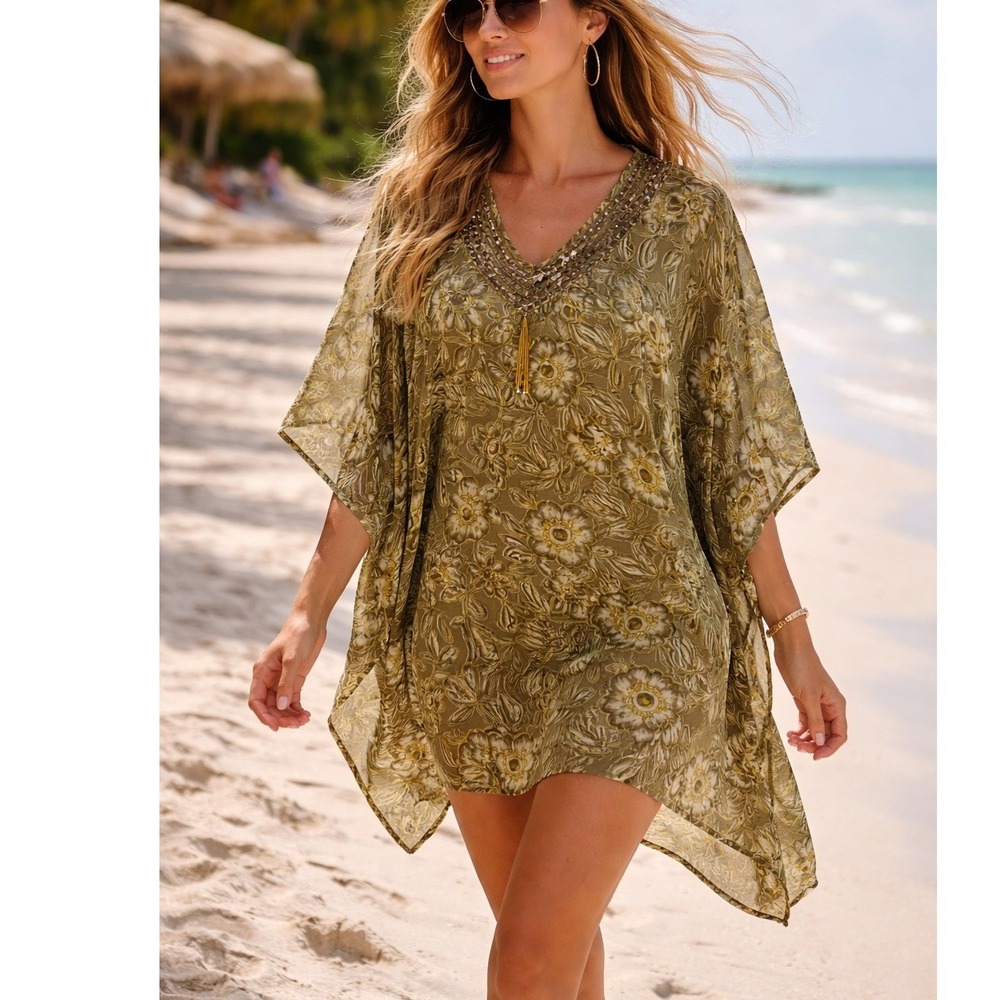 Signature Floral Kaftan Women One Size Olive Green Excellent Sequin Coverup